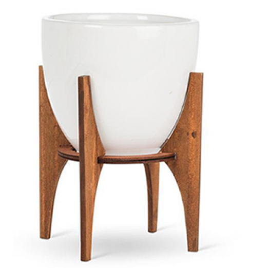 White Pot & Wooden Stand